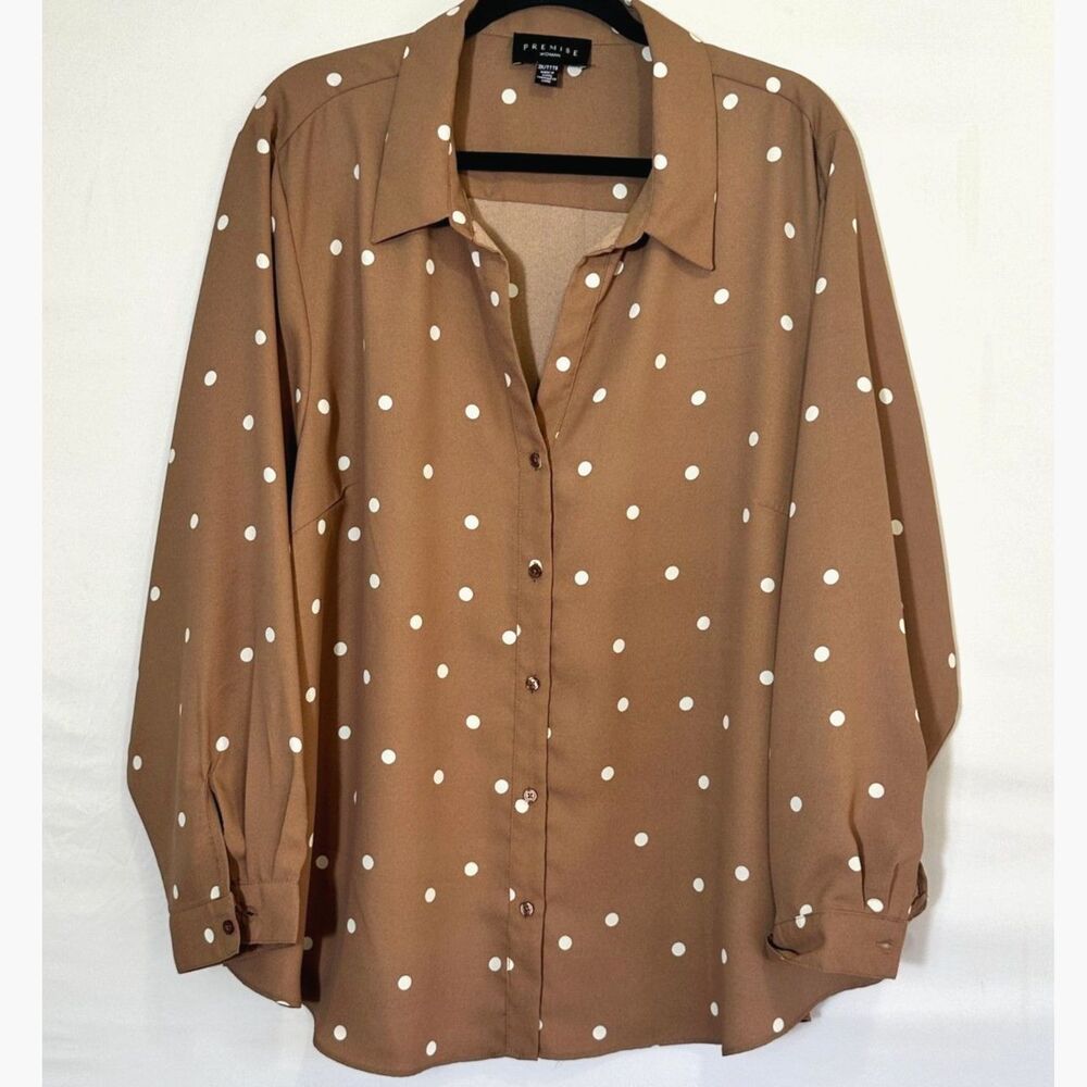 Premise Women's Plus Size Brown Polka Dot Button-Down Career Blouse Size 3X